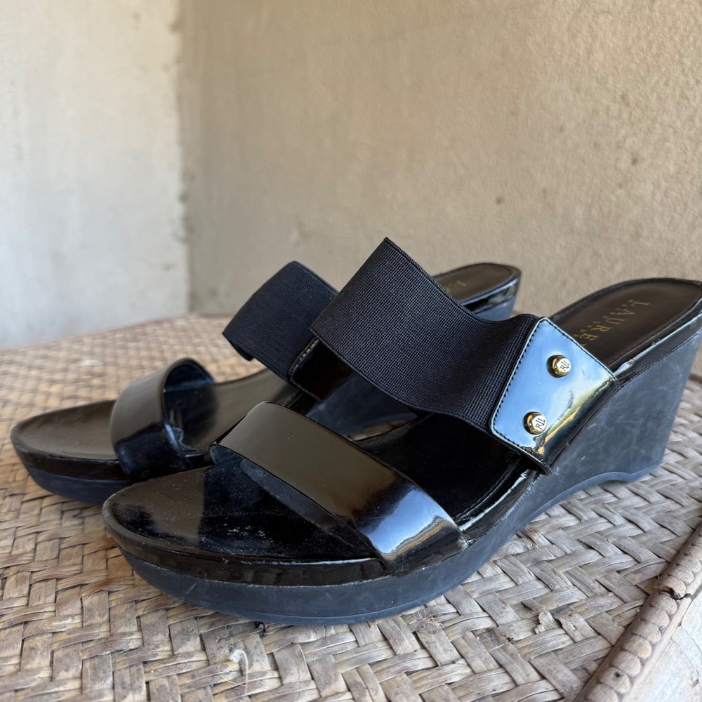 Lauren Ralph Lauren Wedge Sandals Womens 9B Black Patent Elastic Slide Mules